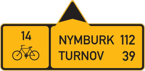 Dopravn� zna�ka: IS 19b Sm�rov� tabule pro cyklisty (s dv�ma c�li)