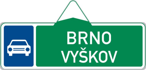 Dopravn� zna�ka: IS 2b Sm�rov� tabule pro p��jezd k silnici pro motorov� vozidla (s dv�ma c�li)