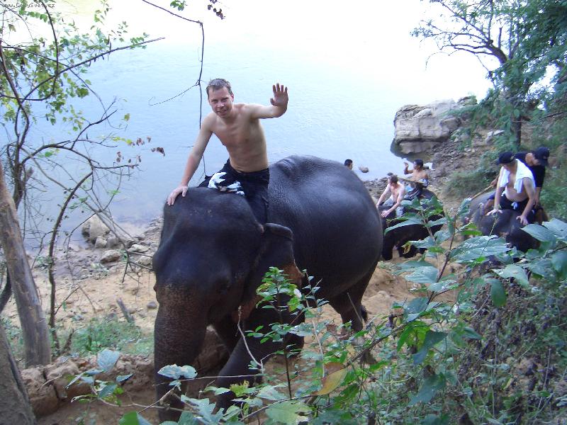 Foto: koupání se slony-cesta z sloní koupele v řece u Kanchanaburi v Thajsku